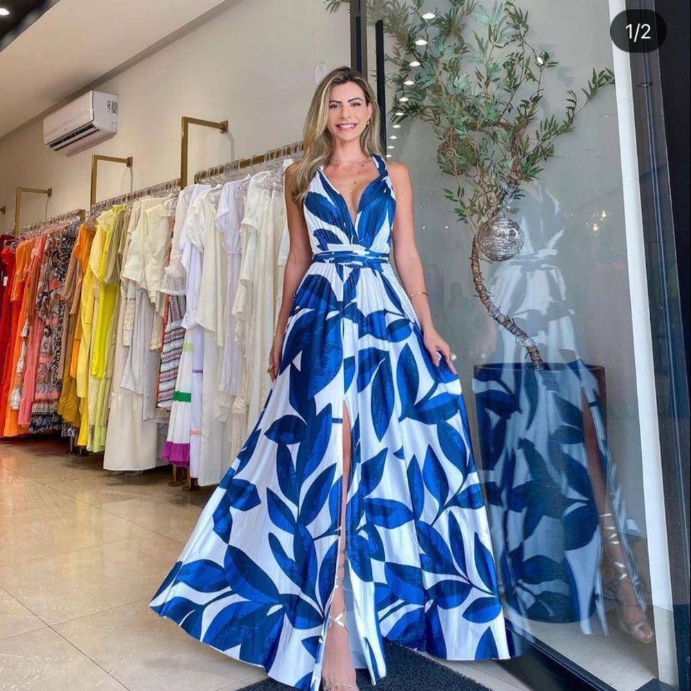 New Infinity  Blue Leaf Print Maxi Dress